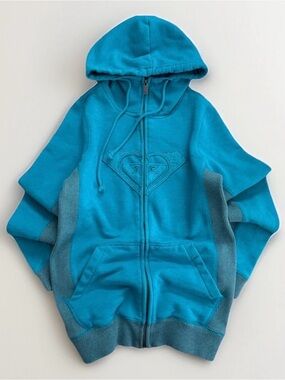 Y2K Roxy Hoodie Full Zip Up Size Small Blue Surf Skater Vintage Beach Sweatshirt